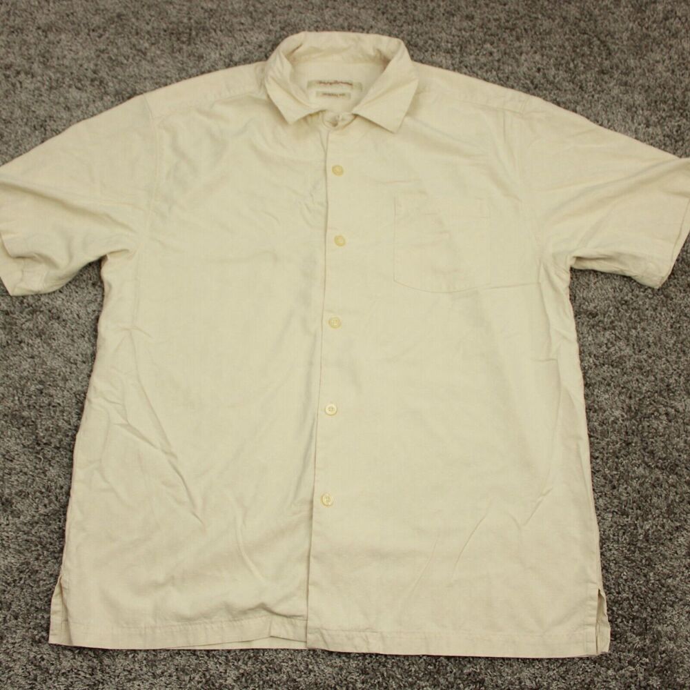 Tommy Bahama Original Fit Silk Shirt Mens XL Beige Short Sleeve